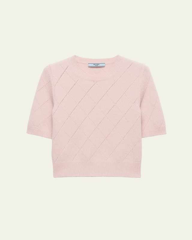 Cashmere Argyle Pointelle Knit Short-Sleeve Sweater